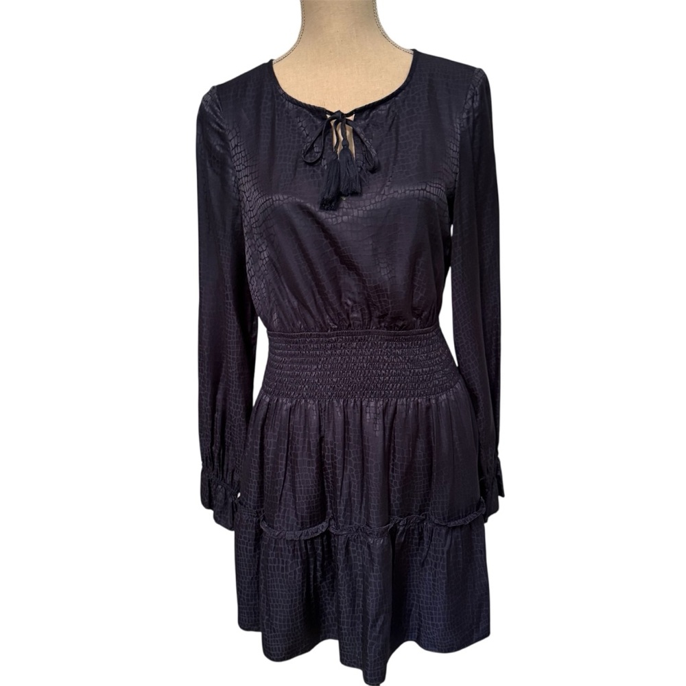 SAIL TO SABLE DRESS MINI LONG SLEEVE BLUE REPTILE PATTERN TIE TASSEL NECK SIZE S